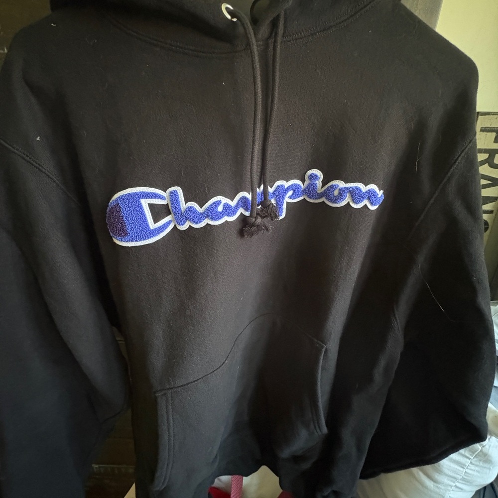 Champion Reverse Weave Black Hoodie with Blue Logo